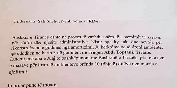 Shkresa me të cilën Veliaj shkoi të merrte zyrat e FRD-së, pa firma, pa vula