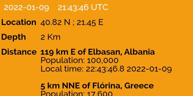Tërmet 5.8 ballë në Follorinë të Greqisë. Ndihet deri në Tiranë