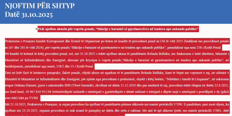 SPAK njofton akuzën për veprën penale për Ballukun: “Shkelje e barazisë së pjesëmarrësve në tendera apo ankande publike”